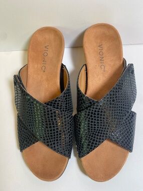 Vionic Leticia Women's Sz 7 Blk Pebble Leather Cork Wedge Comfort Sandals